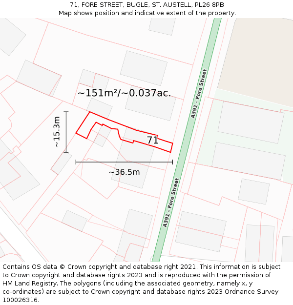 71, FORE STREET, BUGLE, ST. AUSTELL, PL26 8PB: Plot and title map