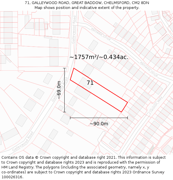 71, GALLEYWOOD ROAD, GREAT BADDOW, CHELMSFORD, CM2 8DN: Plot and title map