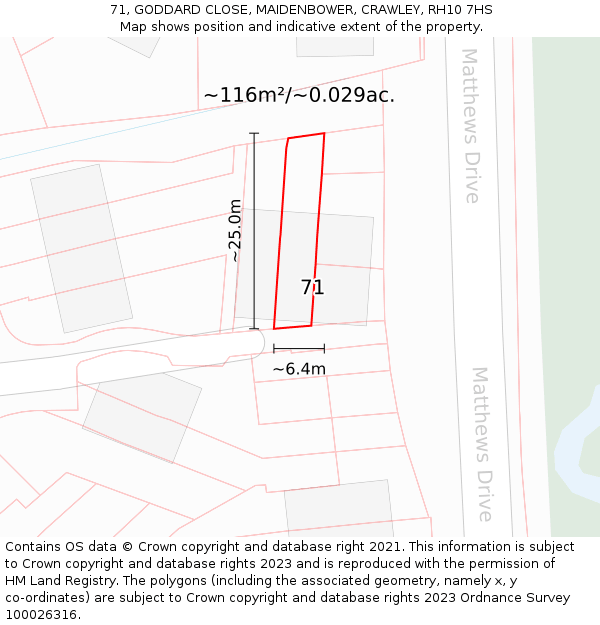 71, GODDARD CLOSE, MAIDENBOWER, CRAWLEY, RH10 7HS: Plot and title map
