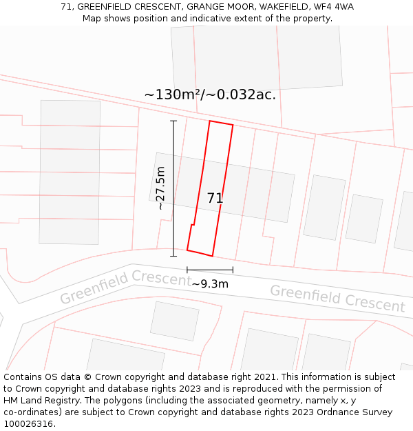 71, GREENFIELD CRESCENT, GRANGE MOOR, WAKEFIELD, WF4 4WA: Plot and title map