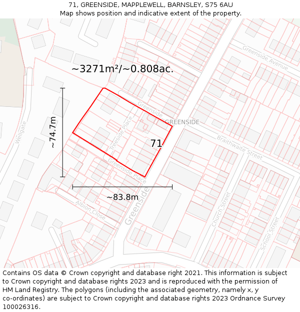 71, GREENSIDE, MAPPLEWELL, BARNSLEY, S75 6AU: Plot and title map