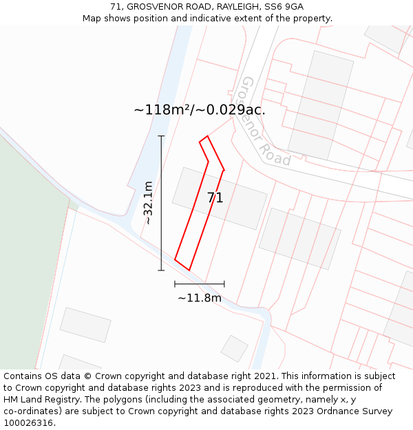 71, GROSVENOR ROAD, RAYLEIGH, SS6 9GA: Plot and title map