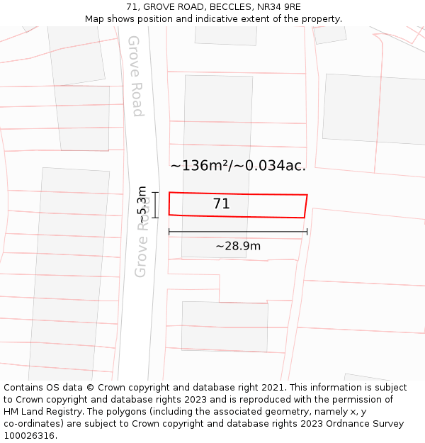 71, GROVE ROAD, BECCLES, NR34 9RE: Plot and title map