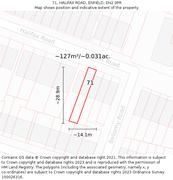 71, HALIFAX ROAD, ENFIELD, EN2 0PR: Plot and title map