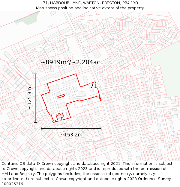 71, HARBOUR LANE, WARTON, PRESTON, PR4 1YB: Plot and title map