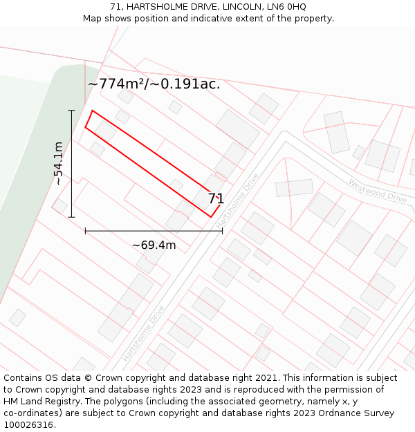 71, HARTSHOLME DRIVE, LINCOLN, LN6 0HQ: Plot and title map