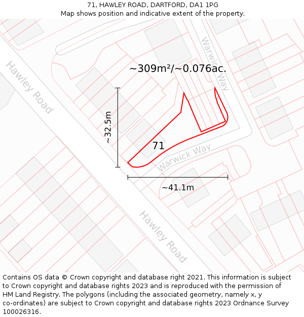 71, HAWLEY ROAD, DARTFORD, DA1 1PG: Plot and title map