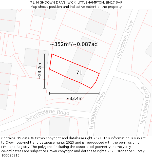 71, HIGHDOWN DRIVE, WICK, LITTLEHAMPTON, BN17 6HR: Plot and title map