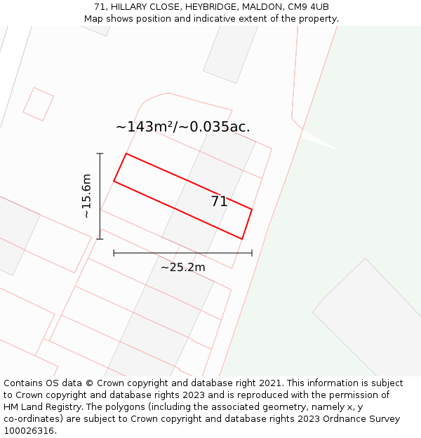 71, HILLARY CLOSE, HEYBRIDGE, MALDON, CM9 4UB: Plot and title map