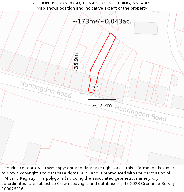 71, HUNTINGDON ROAD, THRAPSTON, KETTERING, NN14 4NF: Plot and title map