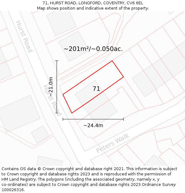 71, HURST ROAD, LONGFORD, COVENTRY, CV6 6EL: Plot and title map