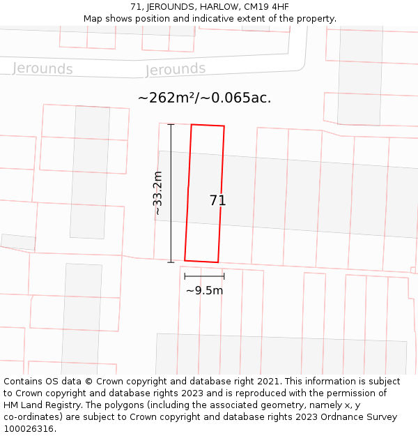 71, JEROUNDS, HARLOW, CM19 4HF: Plot and title map