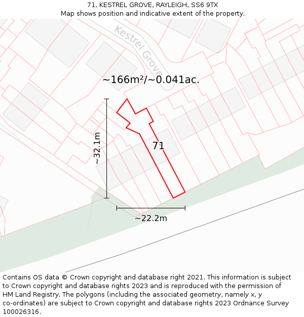 71, KESTREL GROVE, RAYLEIGH, SS6 9TX: Plot and title map