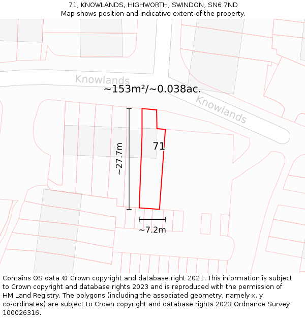 71, KNOWLANDS, HIGHWORTH, SWINDON, SN6 7ND: Plot and title map