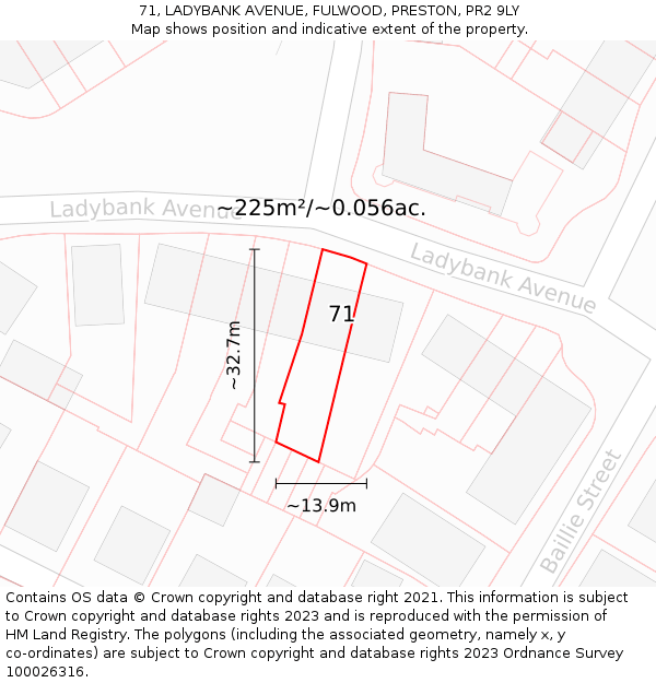 71, LADYBANK AVENUE, FULWOOD, PRESTON, PR2 9LY: Plot and title map