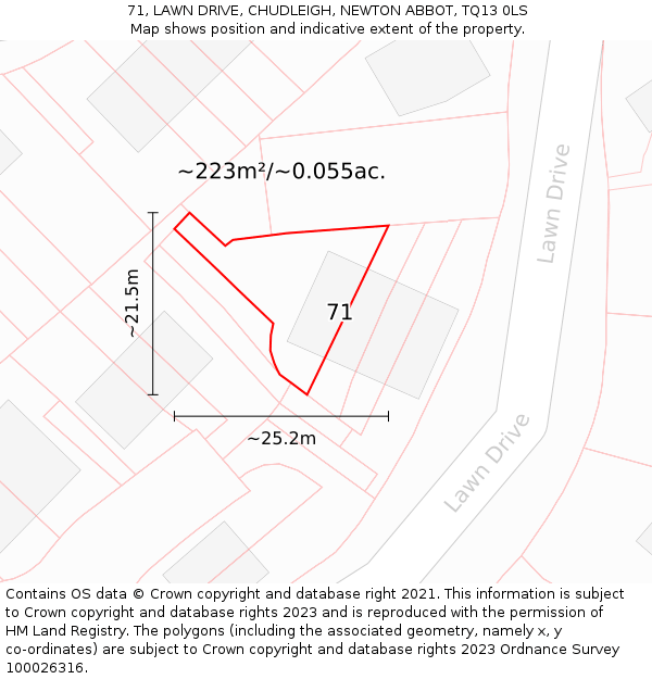 71, LAWN DRIVE, CHUDLEIGH, NEWTON ABBOT, TQ13 0LS: Plot and title map