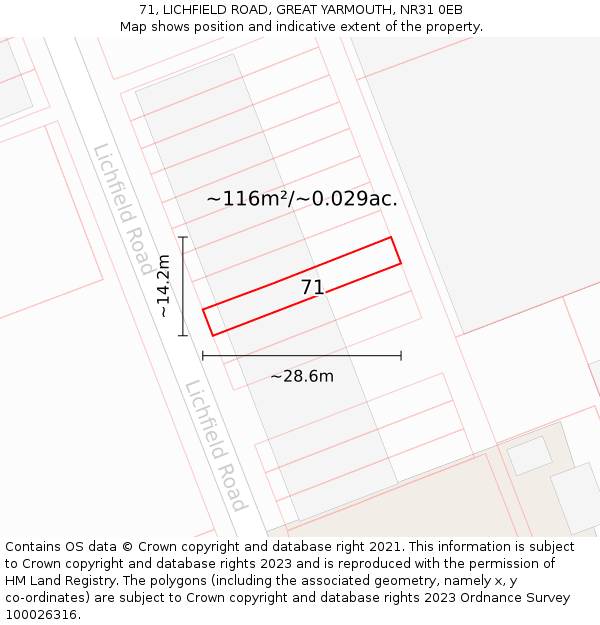 71, LICHFIELD ROAD, GREAT YARMOUTH, NR31 0EB: Plot and title map