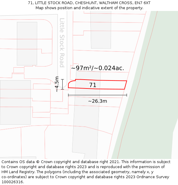 71, LITTLE STOCK ROAD, CHESHUNT, WALTHAM CROSS, EN7 6XT: Plot and title map