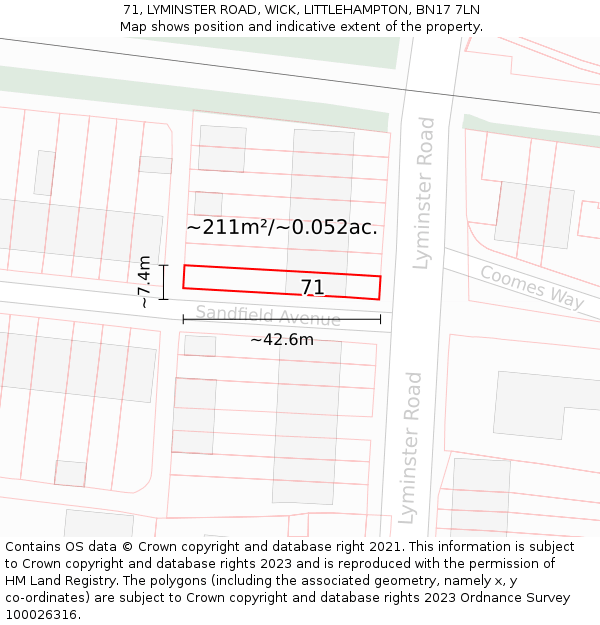 71, LYMINSTER ROAD, WICK, LITTLEHAMPTON, BN17 7LN: Plot and title map