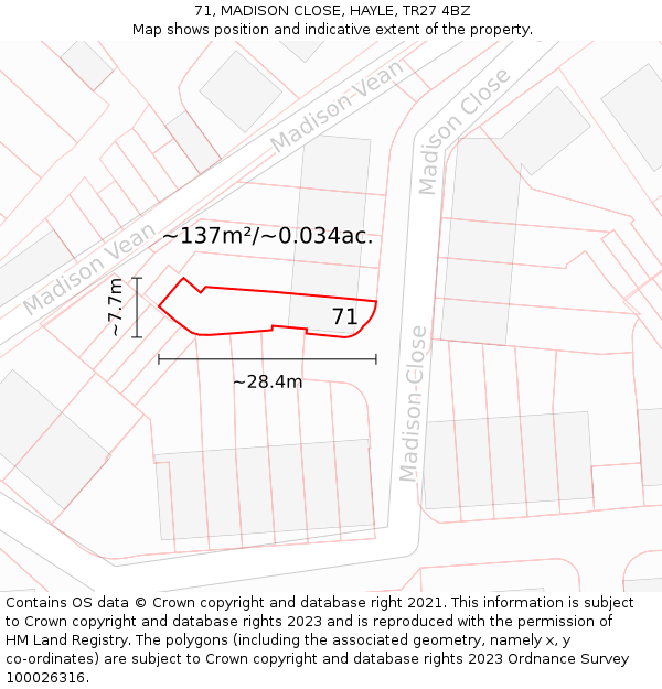 71, MADISON CLOSE, HAYLE, TR27 4BZ: Plot and title map