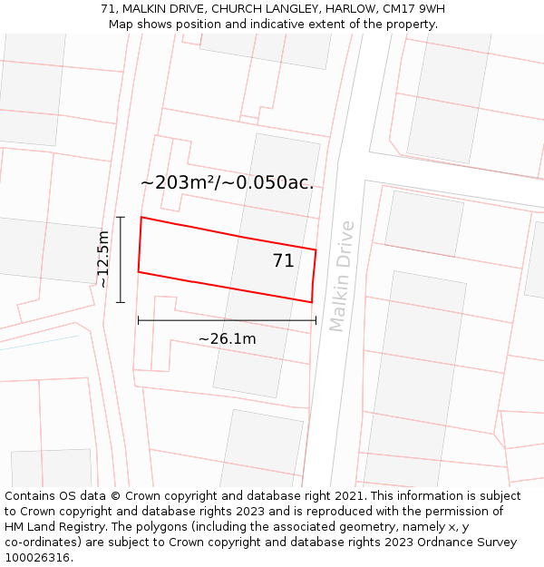71, MALKIN DRIVE, CHURCH LANGLEY, HARLOW, CM17 9WH: Plot and title map