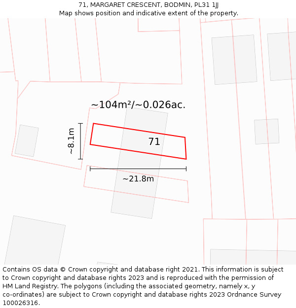 71, MARGARET CRESCENT, BODMIN, PL31 1JJ: Plot and title map