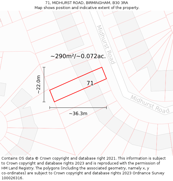 71, MIDHURST ROAD, BIRMINGHAM, B30 3RA: Plot and title map