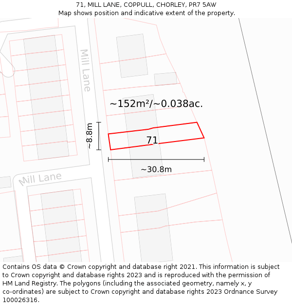 71, MILL LANE, COPPULL, CHORLEY, PR7 5AW: Plot and title map