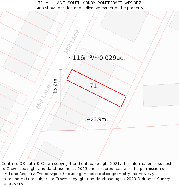 71, MILL LANE, SOUTH KIRKBY, PONTEFRACT, WF9 3EZ: Plot and title map