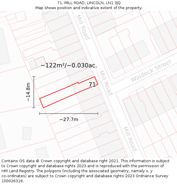 71, MILL ROAD, LINCOLN, LN1 3JQ: Plot and title map