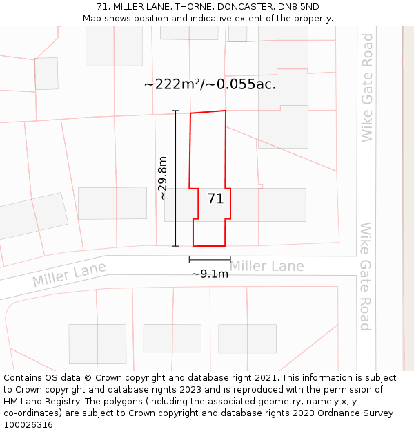 71, MILLER LANE, THORNE, DONCASTER, DN8 5ND: Plot and title map