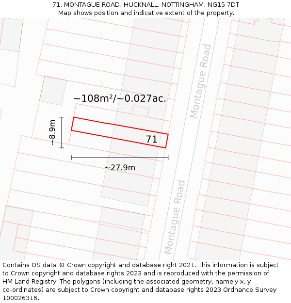 71, MONTAGUE ROAD, HUCKNALL, NOTTINGHAM, NG15 7DT: Plot and title map