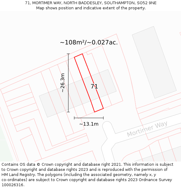 71, MORTIMER WAY, NORTH BADDESLEY, SOUTHAMPTON, SO52 9NE: Plot and title map