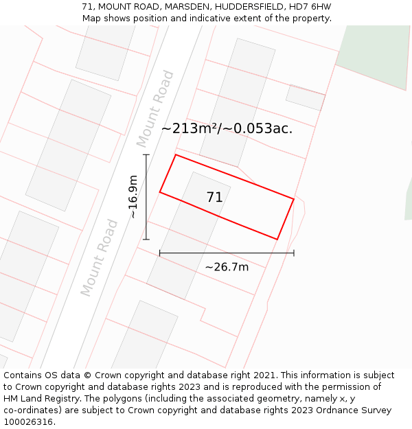 71, MOUNT ROAD, MARSDEN, HUDDERSFIELD, HD7 6HW: Plot and title map