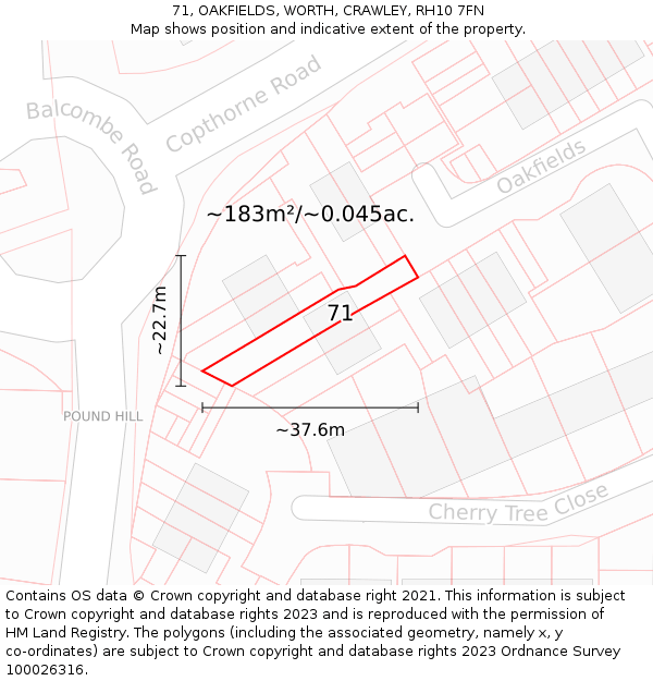 71, OAKFIELDS, WORTH, CRAWLEY, RH10 7FN: Plot and title map