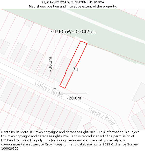 71, OAKLEY ROAD, RUSHDEN, NN10 9XA: Plot and title map