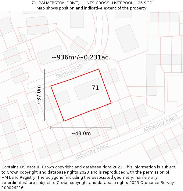 71, PALMERSTON DRIVE, HUNTS CROSS, LIVERPOOL, L25 9GD: Plot and title map