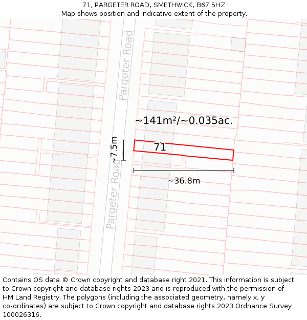 71, PARGETER ROAD, SMETHWICK, B67 5HZ: Plot and title map