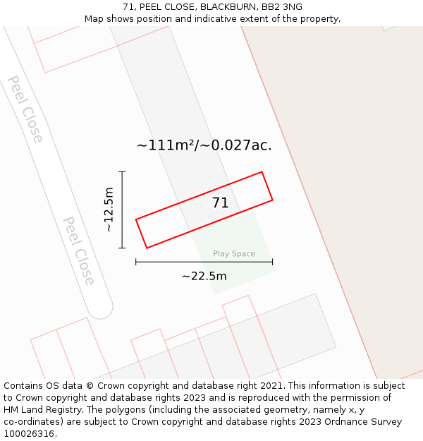 71, PEEL CLOSE, BLACKBURN, BB2 3NG: Plot and title map