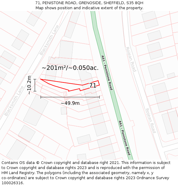 71, PENISTONE ROAD, GRENOSIDE, SHEFFIELD, S35 8QH: Plot and title map