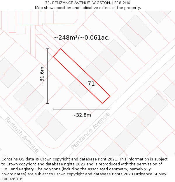 71, PENZANCE AVENUE, WIGSTON, LE18 2HX: Plot and title map