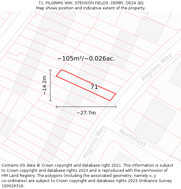 71, PILGRIMS WAY, STENSON FIELDS, DERBY, DE24 3JQ: Plot and title map
