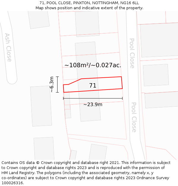 71, POOL CLOSE, PINXTON, NOTTINGHAM, NG16 6LL: Plot and title map