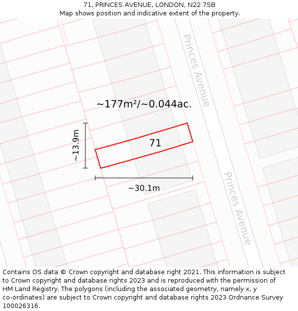 71, PRINCES AVENUE, LONDON, N22 7SB: Plot and title map