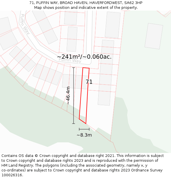 71, PUFFIN WAY, BROAD HAVEN, HAVERFORDWEST, SA62 3HP: Plot and title map