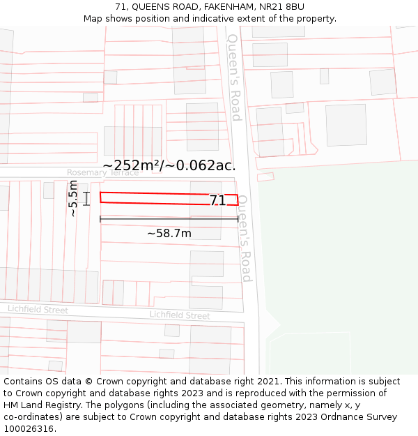 71, QUEENS ROAD, FAKENHAM, NR21 8BU: Plot and title map