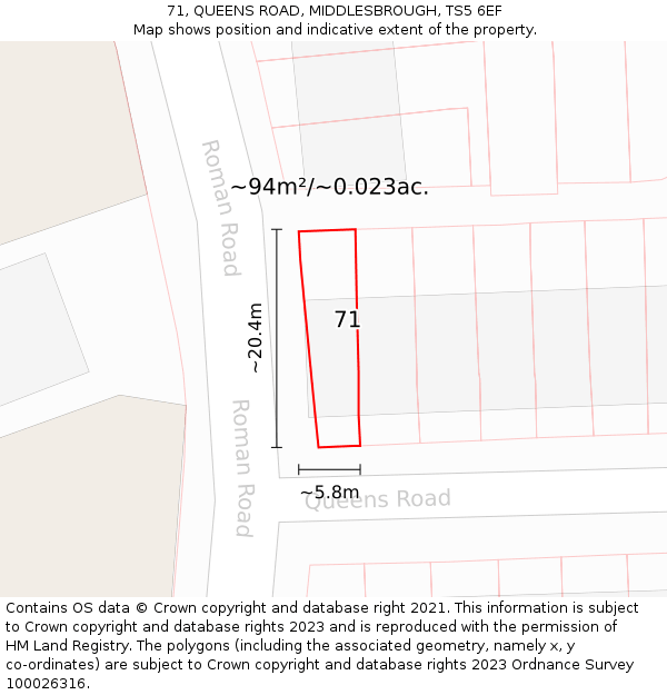 71, QUEENS ROAD, MIDDLESBROUGH, TS5 6EF: Plot and title map