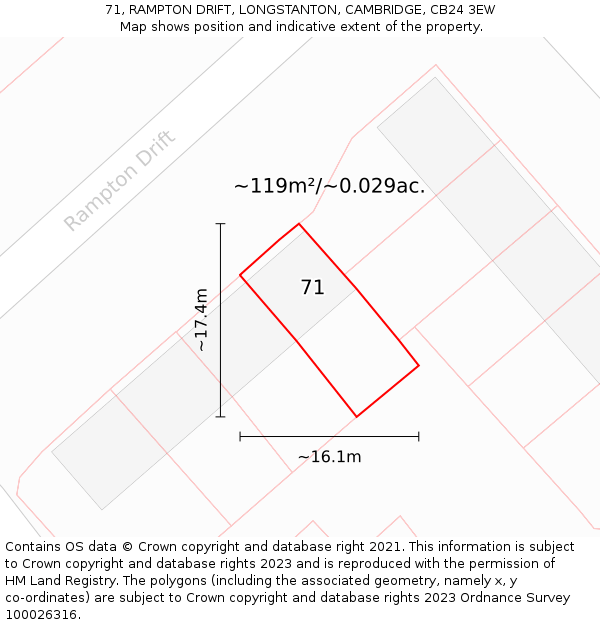 71, RAMPTON DRIFT, LONGSTANTON, CAMBRIDGE, CB24 3EW: Plot and title map