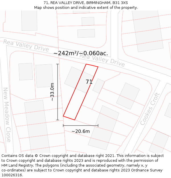 71, REA VALLEY DRIVE, BIRMINGHAM, B31 3XS: Plot and title map