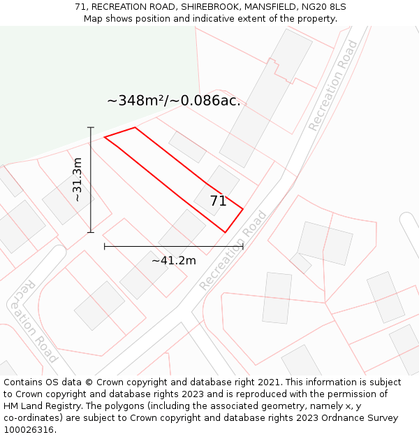 71, RECREATION ROAD, SHIREBROOK, MANSFIELD, NG20 8LS: Plot and title map